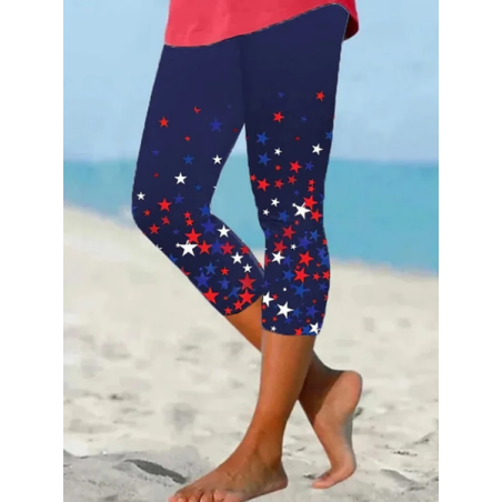 Women Independence Day (Flag) Capris Elastic Waist Pants Casual Summer Trousers