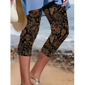 Women Paisley Capris Elastic Waist Pants Casual Summer Trousers