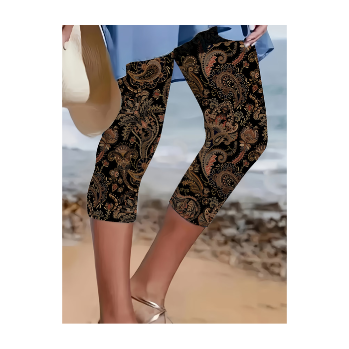 Women Paisley Capris Elastic Waist Pants Casual Summer Trousers