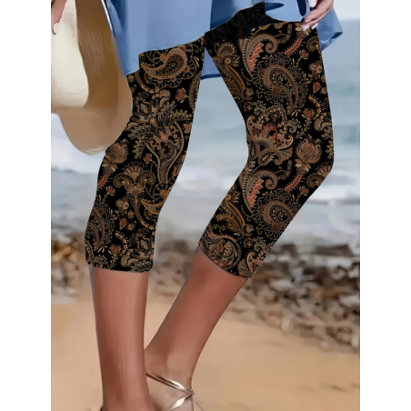 Women Paisley Capris Elastic Waist Pants Casual Summer Trousers