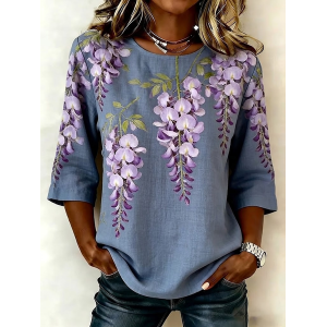 Women Floral Crew Neck Half Sleeve Blouse Printing Vintage Daily Summer Top