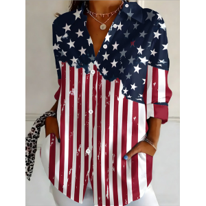 Women Independence Day (Flag) Shirt Collar Long Sleeve Shirt Buckle Regular Sleeve Casual Daily Spring/Fall Top