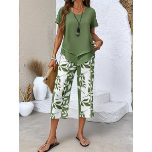 Women Floral Printing Two-Piece Set Daily Short Sleeve Casual Summer Top With Pants Matching Set