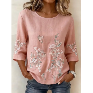 Women Floral Crew Neck Half Sleeve Blouse Printing Vintage Daily Summer Top
