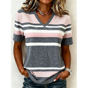 Women Striped Short Sleeve Tee T-shirt V Neck Vintage Summer Top