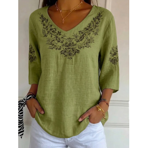 Women Floral Three Quarter Sleeve Tee T-shirt V Neck Printing Casual Graphic Tee Spring/Fall Top