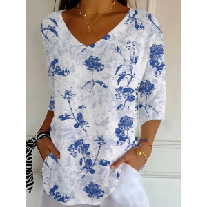 Women Floral Three Quarter Sleeve Tee T-shirt V Neck Printing Casual Graphic Tee Spring/Fall Top