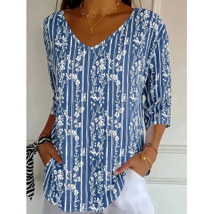 Women Floral Three Quarter Sleeve Tee T-shirt V Neck Printing Casual Graphic Tee Spring/Fall Top