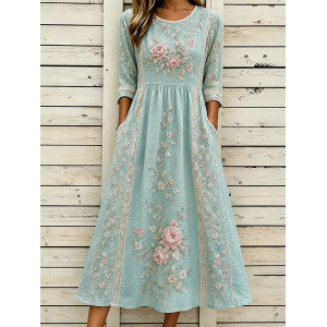 Women Floral Half Sleeve Crew Neck Printing Dress Daily Casual Maxi H-Line Summer Dress