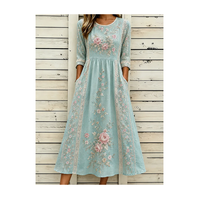 Women Floral Half Sleeve Crew Neck Printing Dress Daily Casual Maxi H-Line Summer Dress