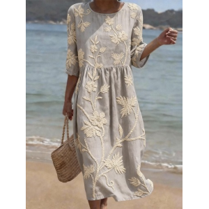 Women Floral Half Sleeve Dress Daily Vintage Midi A-Line Summer Dress