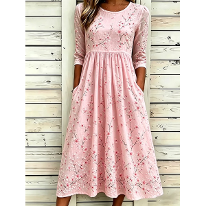 Women Floral Half Sleeve Crew Neck Printing Dress Daily Casual Maxi H-Line Summer Dress