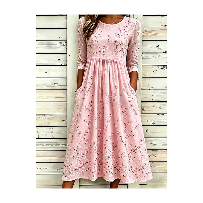 Women Floral Half Sleeve Crew Neck Printing Dress Daily Casual Maxi H-Line Summer Dress