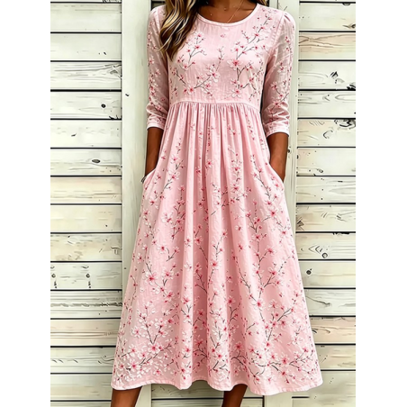 Women Floral Half Sleeve Crew Neck Printing Dress Daily Casual Maxi H-Line Summer Dress
