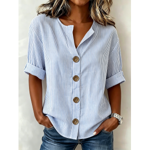Women Striped V Neck Half Sleeve Shirt Casual Daily Summer Top