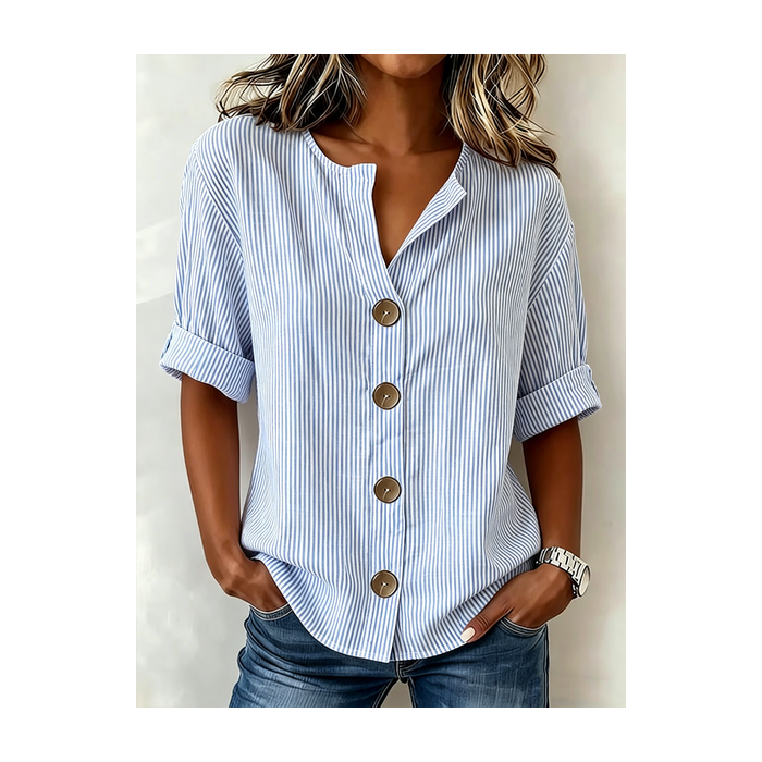 Women Striped V Neck Half Sleeve Shirt Casual Daily Summer Top