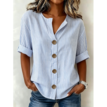 Women Striped V Neck Half Sleeve Shirt Casual Daily Summer Top