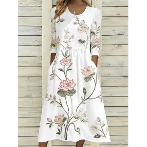 Women Floral Half Sleeve Crew Neck Printing Dress Daily Casual Maxi H-Line Summer Dress