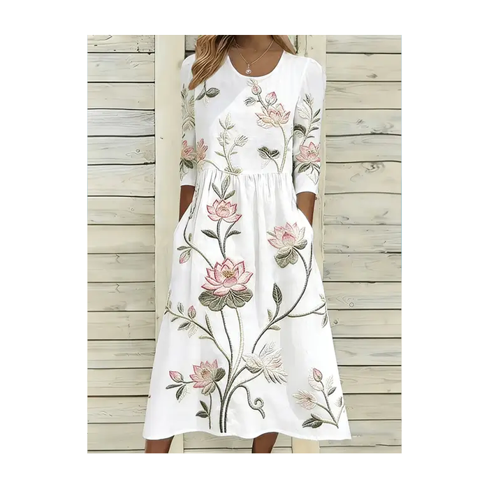 Women Floral Half Sleeve Crew Neck Printing Dress Daily Casual Maxi H-Line Summer Dress