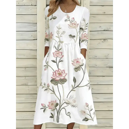 Women Floral Half Sleeve Crew Neck Printing Dress Daily Casual Maxi H-Line Summer Dress