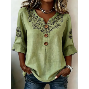 Women Floral V Neck Half Sleeve Blouse Printing Vintage Daily Summer Top