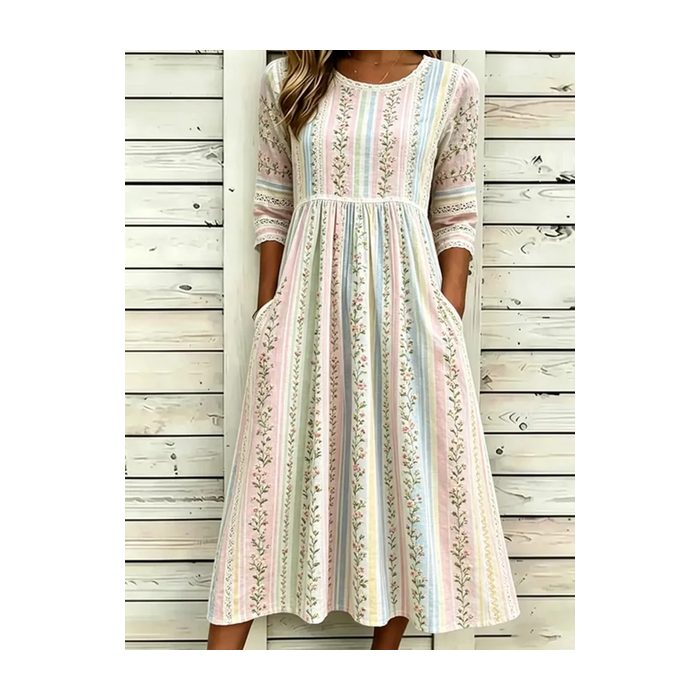 Women Floral Half Sleeve Crew Neck Printing Dress Daily Casual Maxi H-Line Summer Dress