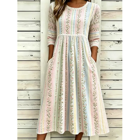 Women Floral Half Sleeve Crew Neck Printing Dress Daily Casual Maxi H-Line Summer Dress