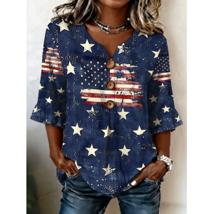 Women Star V Neck Half Sleeve Blouse Printing Vintage Daily Summer Top