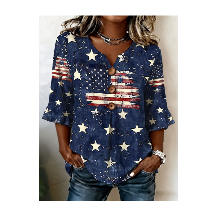 Women Star V Neck Half Sleeve Blouse Printing Vintage Daily Summer Top