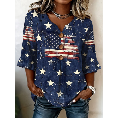 Women Star V Neck Half Sleeve Blouse Printing Vintage Daily Summer Top