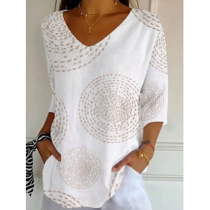 Women Abstract Three Quarter Sleeve Tee T-shirt V Neck Printing Casual Graphic Tee Spring/Fall Top