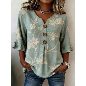 Women Floral V Neck Half Sleeve Blouse Printing Vintage Daily Summer Top