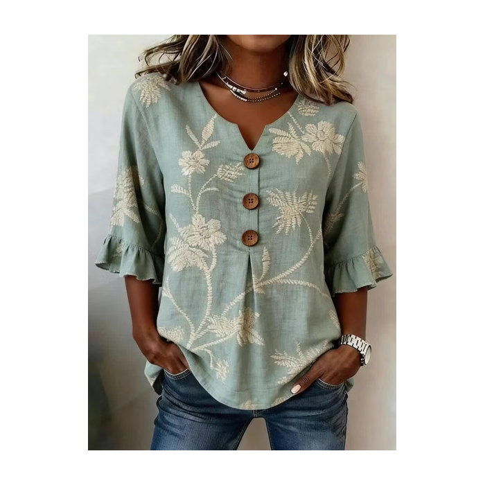Women Floral V Neck Half Sleeve Blouse Printing Vintage Daily Summer Top