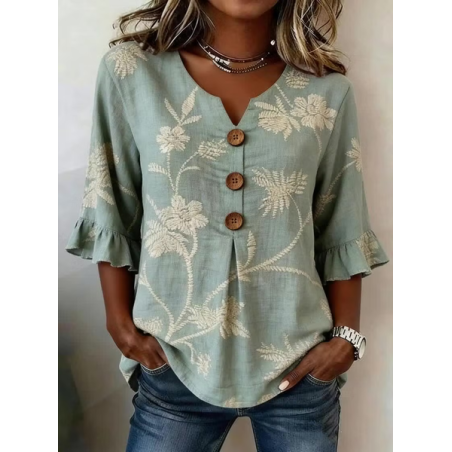 Women Floral V Neck Half Sleeve Blouse Printing Vintage Daily Summer Top