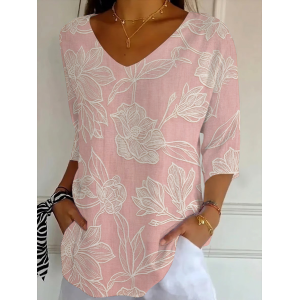 Women Floral Three Quarter Sleeve Tee T-shirt V Neck Printing Casual Graphic Tee Spring/Fall Top