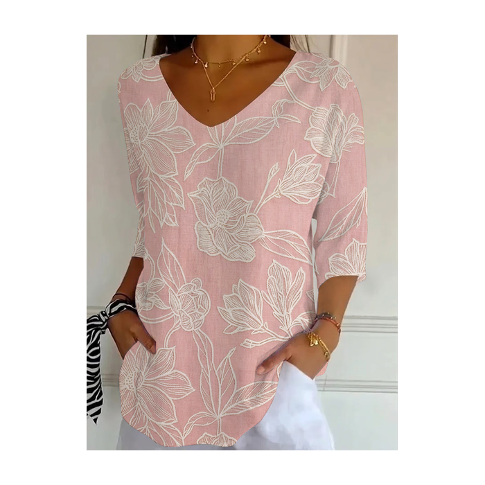 Women Floral Three Quarter Sleeve Tee T-shirt V Neck Printing Casual Graphic Tee Spring/Fall Top