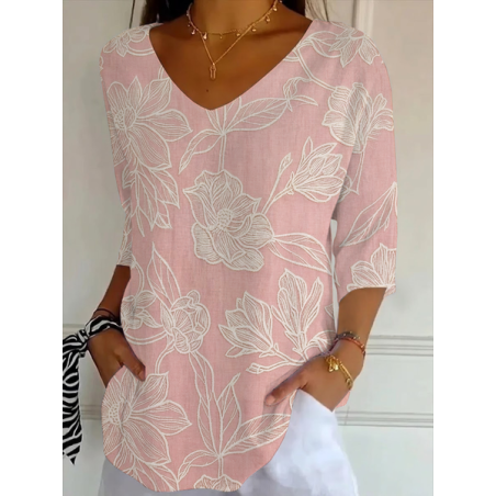 Women Floral Three Quarter Sleeve Tee T-shirt V Neck Printing Casual Graphic Tee Spring/Fall Top