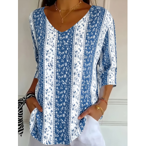 Women Floral Three Quarter Sleeve Tee T-shirt V Neck Printing Casual Graphic Tee Spring/Fall Top
