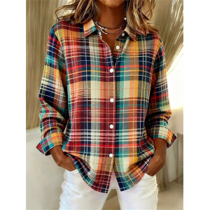 Women Plaid Long Sleeve Shirt Spring/Fall Buckle Shirt Collar Regular Sleeve Daily Casual Top