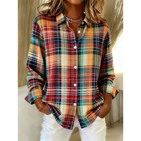 Women Plaid Long Sleeve Shirt Spring/Fall Buckle Shirt Collar Regular Sleeve Daily Casual Top
