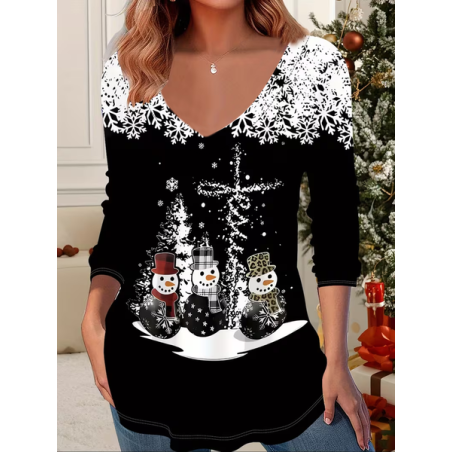 Women Christmas Snowman Long Sleeve Tee T-shirt V Neck Printing Casual Spring/Fall Graphic Tee Top