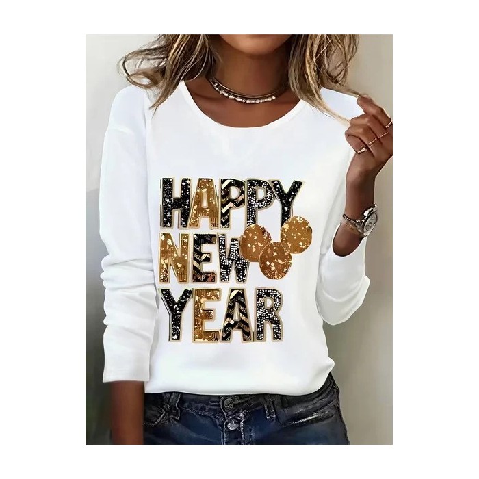 Women Text Letters Long Sleeve Tee T-shirt Crew Neck Casual Spring/Fall Tunic Top