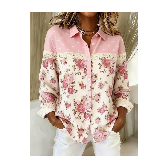 Women Floral Long Sleeve Shirt Spring/Fall Buckle Shirt Collar Regular Sleeve Daily Casual Top