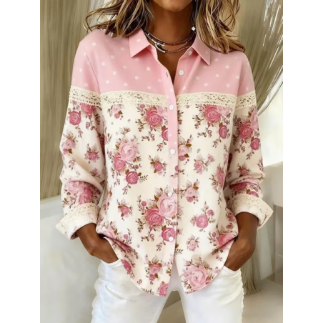 Women Floral Long Sleeve Shirt Spring/Fall Buckle Shirt Collar Regular Sleeve Daily Casual Top