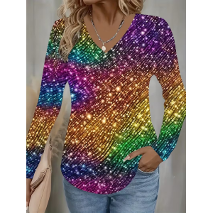 Women Abstract Long Sleeve Tee T-shirt V Neck Printing Casual Spring/Fall Graphic Tee Top