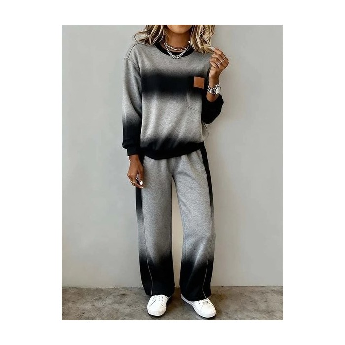 Women Ombre Printing Two-Piece Set Daily Long Sleeve Casual Spring/Fall Top With Pants Matching Set