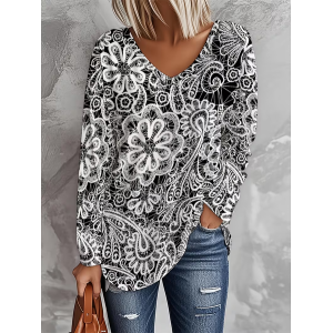 Women Floral Long Sleeve Tee T-shirt V Neck Printing Casual Spring/Fall Graphic Tee Top