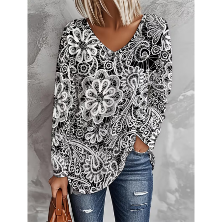 Women Floral Long Sleeve Tee T-shirt V Neck Printing Casual Spring/Fall Graphic Tee Top