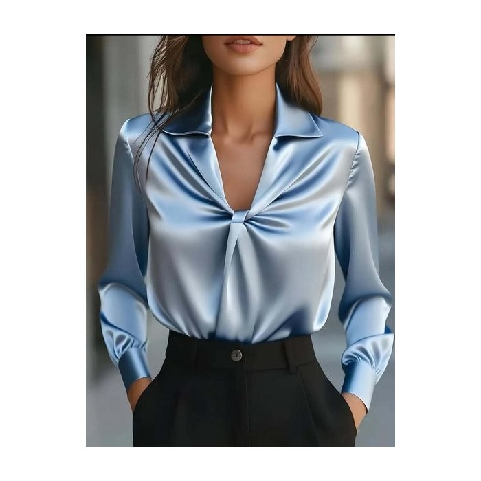 Women Plain Long Sleeve Shirt Spring/Fall Split Joint Shawl Collar Daily Casual Top