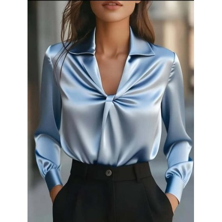 Women Plain Long Sleeve Shirt Spring/Fall Split Joint Shawl Collar Daily Casual Top